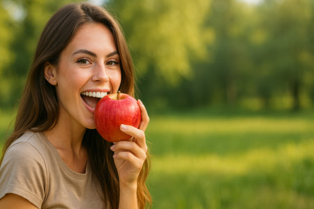 A young woman smiles widely while holding a red apple close to her face. Lush greenery surrounds her, creating a warm and cheerful atmosphere.の素材