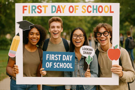 A diverse group of students joyfully holds a sign announcing the first day of school. They are surrounded by greenery, showcasing excitement and friendship on this special occasion.の素材