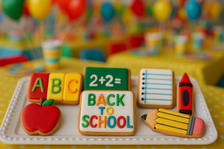 Colorful cookies shaped as school items and letters are arranged on a tray. They are perfect for a back to school party in a vibrant classroom filled with decorations.の素材