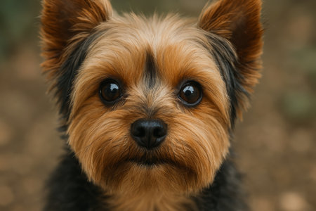 A Yorkshire terrier displays its adorable face and expressive eyes, surrounded by lush greenery. The warm light of the golden hour enhances the dogs vibrant fur and features.の素材