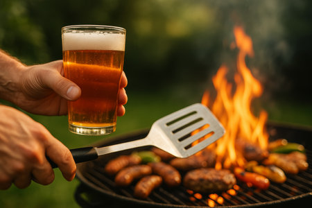 A person holds a large mug of beer while grilling sausages and burgers over a bright flame. This outdoor barbecue takes place in a lush green yard, perfect for summer gatherings.の素材