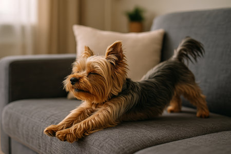 A small dog stretches on a soft couch in a bright living room. The sunlight filters through a window, highlighting the dogs fluffy fur and relaxed demeanor.の素材