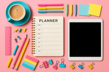 Brightly colored stationery items are arranged around an open planner and tablet, with coffee nearby. Colorful pens, sticky notes, and clips create a cheerful workspace atmosphere.の素材