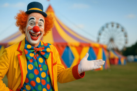 A joyful clown dressed in vibrant polka-dot attire welcomes guests at a lively carnival. A colorful ferris wheel and a striped tent complete the festive atmosphere.の素材
