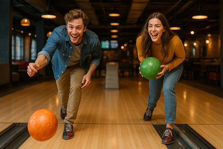 Two friends are rolling bowling balls down the lane in a vibrant bowling alley. They are smiling and having a great time together during this fun social activity.の素材