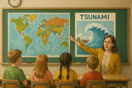 A teacher points to a world map while discussing tsunami safety with students during a classroom lesson on natural disasters and emergency procedures.の素材