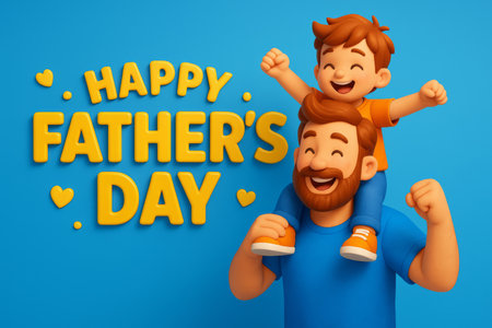A father and son share a joyful moment as the child rides on the fathers shoulders, both smiling and celebrating their bond on Fathers Day, creating lasting memories together.の素材