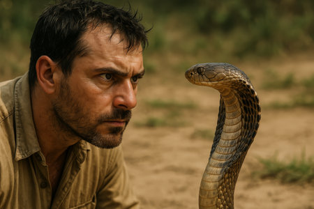 A man and a cobra engage in a close confrontation in a dense jungle. The intense focus on both the man and the snake illustrates a moment of high tension in nature.の素材