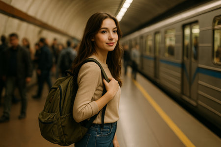 A young woman stands on the platform of a subway station, looking thoughtfully as she waits for her train amid a bustling crowd in the late afternoon.の素材