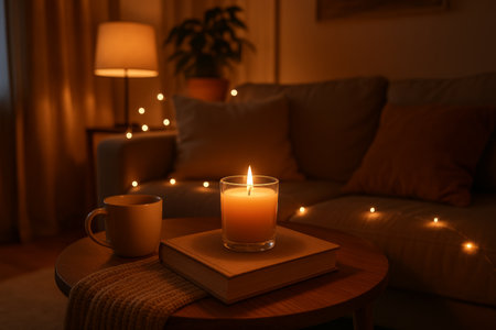 Warm candlelight fills a cozy living room as a cup of tea rests beside a book on a table. Soft lighting and a plant create a tranquil atmosphere in the evening.の素材
