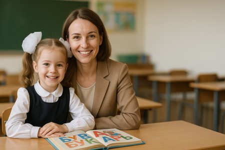 A mother and her young daughter are seated at a wooden table in a bright classroom, happily reading a colorful book.の素材