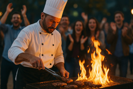 A chef expertly grills steaks over an open flame as a cheering crowd enjoys the outdoor gathering on a warm evening. The atmosphere is filled with excitement and camaraderie.の素材