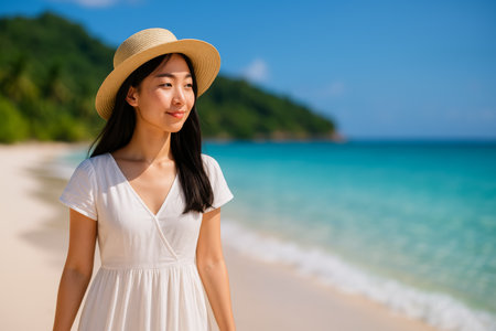 A young woman strolls along a beautiful sandy beach, wearing a white dress and straw hat, enjoying the warm sun and vibrant turquoise waters under a clear blue sky.の素材