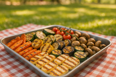 Colorful grilled vegetables including zucchini, bell peppers, and asparagus are arranged on a tray at a sunny park picnic. People enjoy leisure time in the background.の素材