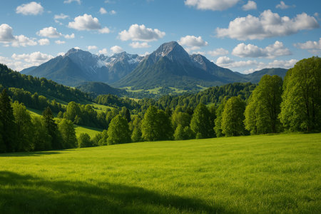 Golden sunlight bathes a lush meadow filled with wildflowers as majestic mountains loom in the background. Tall trees border the scene, creating a peaceful atmosphere at dusk.の素材
