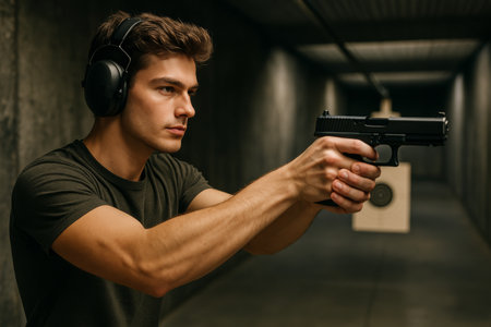 A young man stands in an indoor shooting range, wearing protective ear and eye gear while aiming a pistol at the target. The atmosphere is serious and concentrated.の素材