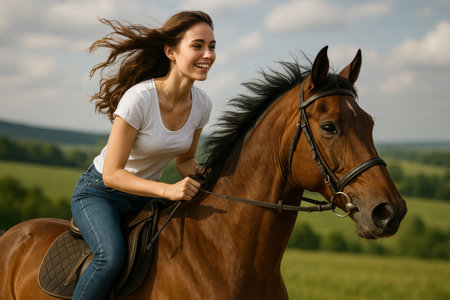 A young woman with flowing hair rides a brown horse through a vibrant green field under a bright sky filled with clouds. She expresses happiness and exhilaration.の素材