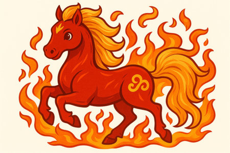 A lively horse trots confidently with flames encircling its hooves and a radiant mane. The energetic atmosphere captures the spirit of adventure and excitement under soft lighting.の素材
