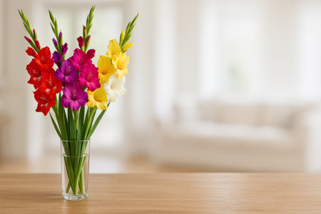 A vibrant arrangement of gladiolus flowers in various colors sits in a clear vase on a wooden table. Natural light brightens the spacious, stylish living room.の素材