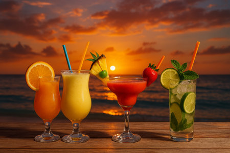 Three vibrant cocktails sit on a wooden table as the sun sets over the ocean. The drinks feature fresh fruits and garnishes, creating a tropical atmosphere.の素材