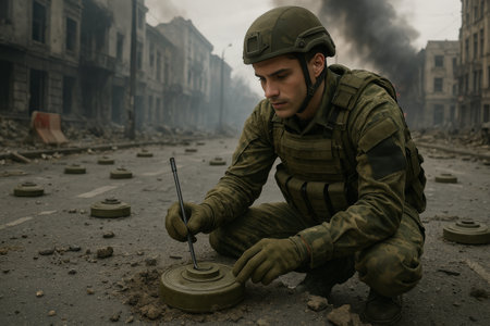 A soldier focuses intently on disarming a landmine in a devastated city street. Ruins surround him while smoke bills in the background, creating a tense atmosphere.の素材
