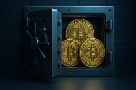 Three shiny Bitcoin coins sit inside an open vault, illuminated by dim lighting, showing the importance of secure cryptocurrency storage in a modern setting.の素材