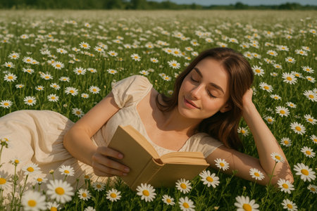 A young woman relaxes on her side in a lush daisy field, engrossed in a book. The bright sun illuminates the flowers and her peaceful expression during a warm afternoon.の素材