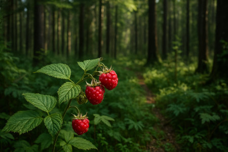 A vibrant strawberry plant showcases ripe red berries and fresh green leaves in a tranquil forest setting. Sunlight filters through tall trees, creating a serene atmosphere.の素材