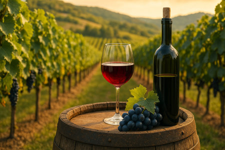 A glass of red wine and a bottle rest on a wooden barrel in a vineyard during sunset. Lush green vines and mountains create a serene backdrop, enhancing the warm ambiance.の素材