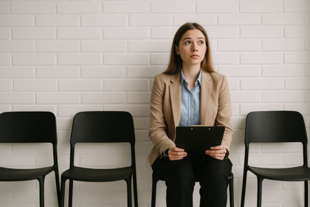A young woman dressed in business attire sits on a chair, holding a clipboard. She appears anxious as she waits for her job interview in a clean, modern office space.の素材