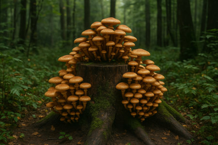 A cluster of vibrant orange mushrooms emerges from a moss-covered tree stump, surrounded by tall trees in a tranquil forest during autumn, creating a peaceful atmosphere.の素材