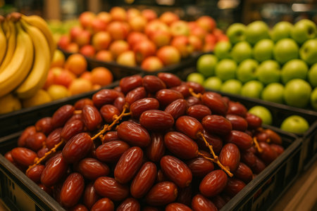 Bright and vibrant fruits are arranged in baskets at a market. Red apples, green pears, oranges, and dates create an inviting visual appeal in a bustling environment.の素材