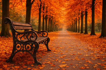 A vintage bench sits on a path in a park during autumn, surrounded by vibrant orange and yellow leaves on trees. Bright foliage blankets the ground as sunlight filters through.の素材
