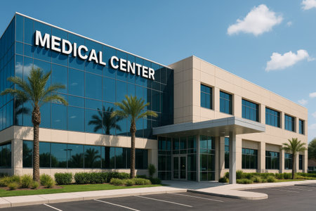 Bright daylight highlights a modern medical center with large glass windows and stone accents, surrounded by green landscaping and clear blue skies, creating a welcoming atmosphere.の素材