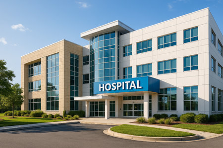 A modern hospital building showcases a large glass facade, surrounded by well-maintained landscaping in a suburban setting on a sunny day, providing a welcoming appearance.の素材