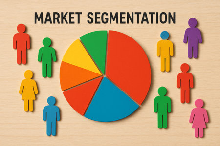 Brightly colored pie chart displays market segmentation with figures in various colors surrounding it, emphasizing diverse target groups in marketing strategy discussions.の素材