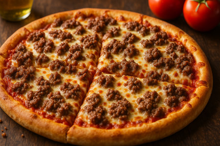 A freshly baked pizza with a golden crust is topped generously with seasoned ground meat and melted cheese. Juicy red tomatoes are placed next to the pizza on the table.の素材