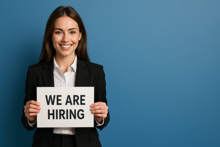 A smiling woman in formal attire displays a large sign stating that they are hiring. The background is a solid blue, creating a professional atmosphere suitable for recruitment.の素材