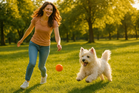 A woman runs happily through a green park while playing fetch with her energetic white dog. The sun sets, casting a warm glow on their joyful activity.の素材