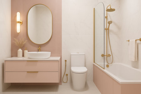 This modern bathroom features a soft pink color palette, a sleek round sink on a marble countertop, and elegant gold fixtures, creating a tranquil and inviting space.の素材