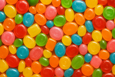 A vibrant collection of jelly candies featuring various shapes and colors spread out on a flat surface. The bright hues catch the light, creating an inviting sight.の素材