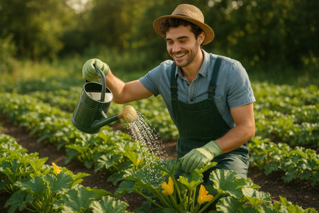 A gardener kneels and waters young plants in a vibrant field under warm evening light, showcasing dedication to nurturing crops and enjoying natures bounty.の素材