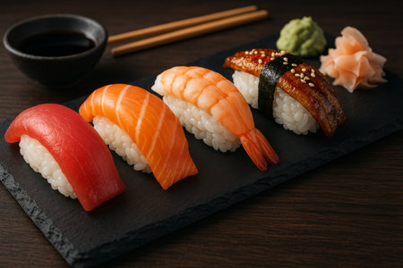 A variety of sushi pieces are arranged neatly on a black slate platter. The presentation includes tuna, salmon, shrimp, eel, and condiments like wasabi and pickled ginger.の素材