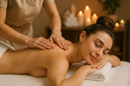 A woman enjoys a relaxing massage in a serene spa environment. Soft candlelight creates an ambiance of peace while skilled hands provide soothing care and relief.の素材