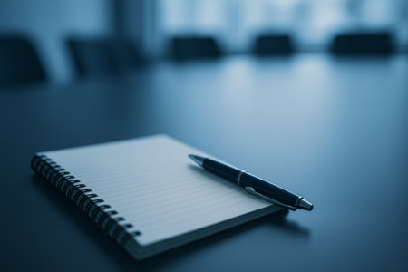 A notepad lies open, with a pen resting beside it on a polished conference table. The blurred background suggests a contemporary office environment, indicating a meeting setting.の素材