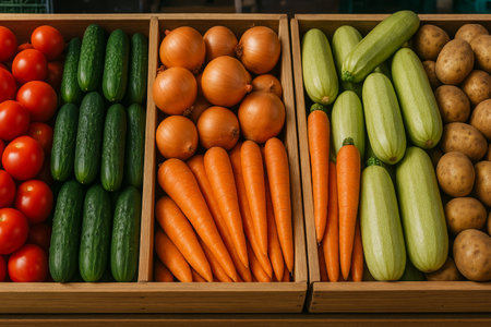 Colorful vegetables are arranged neatly in wooden crates at a vibrant market. Cucumbers, tomatoes, carrots, zucchini, and potatoes showcase the freshness of local agriculture.の素材