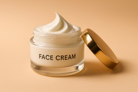 A glass jar of face cream sits against a warm brown background. The cream is smooth and inviting, reflecting a desire for skincare and beauty. Perfect for daily use.の素材