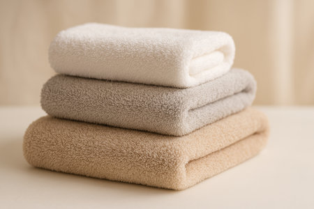 Three plush towels in white, gray, and beige are stacked on a smooth surface, creating a calming atmosphere in a serene indoor space.の素材