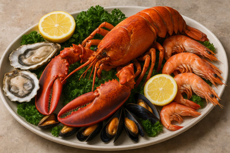 A lavish seafood platter showcases a large lobster, fresh oysters, mussels, and shrimp, beautifully arranged with lemon slices, perfect for a special occasion.の素材