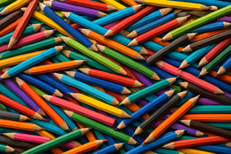 A diverse collection of colored pencils is arranged on a flat surface, showing various shades of blue, red, green, and yellow.の素材